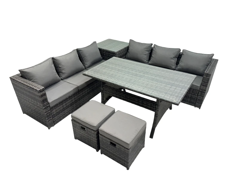 Image of Fimous 8 Seater Garden Rattan Furniture Set with Side Table 2 Small Stools in Dark Grey Dark Grey Unisex