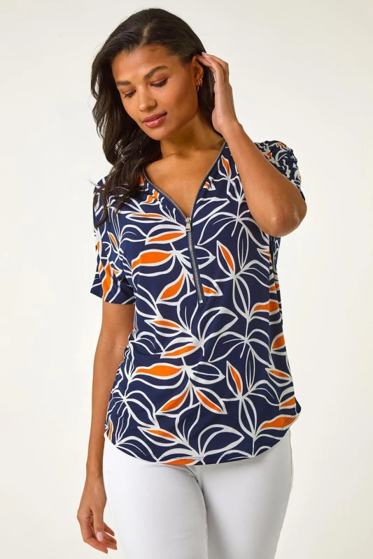 Image of Roman Womens Textured Print Zip Detail Top in Orange Size: 14 Orange Female 14