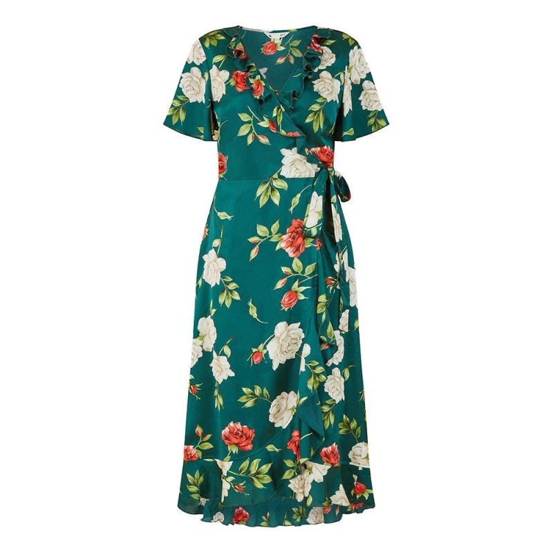 Image of Yumi Yumi Green Satin Rose Print Wrap Dress Green 8