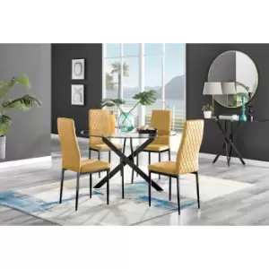 Image of Furniture Box Novara Black Leg 120Cm Round Glass Dining Table and 4 Mustard Velvet Milan Black Leg Chairs