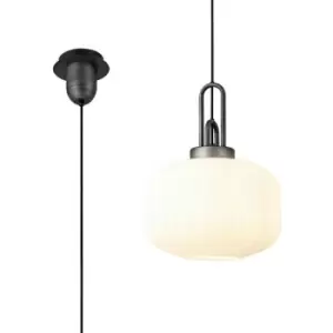 Image of Luminosa 1 Light Pendant E27 With 30cm Pumpkin Shaped Ribbed Glass, Opal Black, Aged Pewter