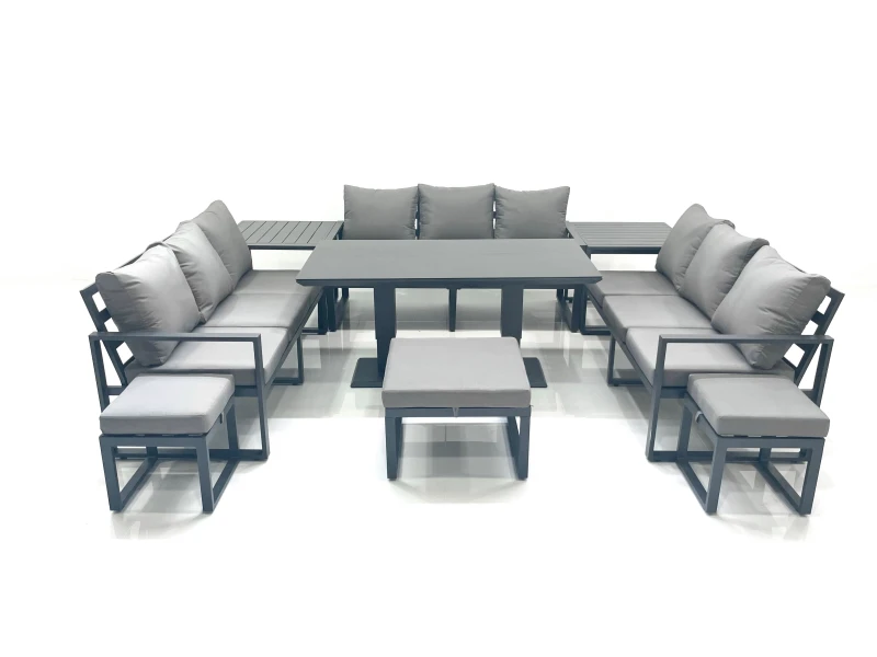 Image of Fimous 12 Seater Garden Sofa Set Aluminium Furniture Rising Dining Tabe Set with 2 Side Tables 3 Footstools Dark Grey Dark Grey Unisex