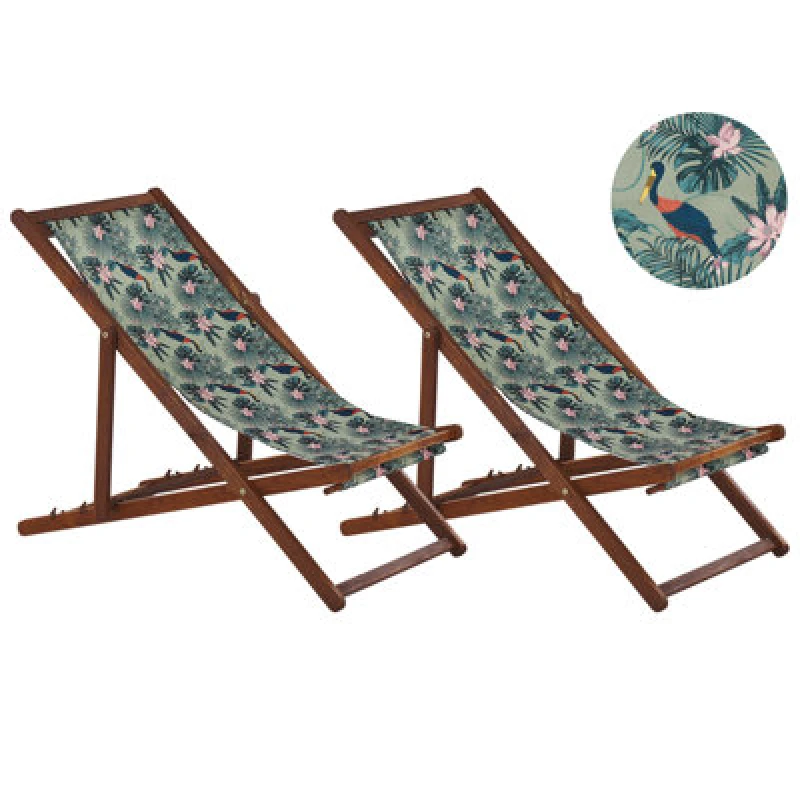 Image of Beliani Set Of 2 Folding Deck Chairs Anzio With Replacement Fabrics Animal Motif Acacia Wood Dark Brown