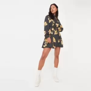 Image of Missguided Godet Panel Belted Shirt Dress Ls Floral - Black
