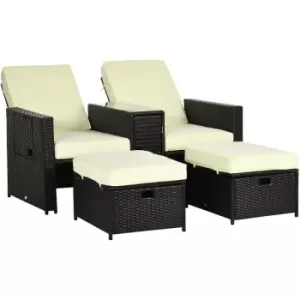 Image of Recliner Rattan Sun Lounger w/ Storage Tea Table & Footstools, Balck - Black - Outsunny