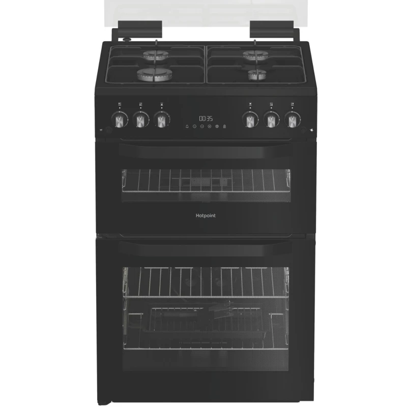Image of Hotpoint HTG6GDCB1 HTG6GDCB1 60cm Gas Twin Cooker with Glass Lid - Black Hotpoint HTG6GDCB1
