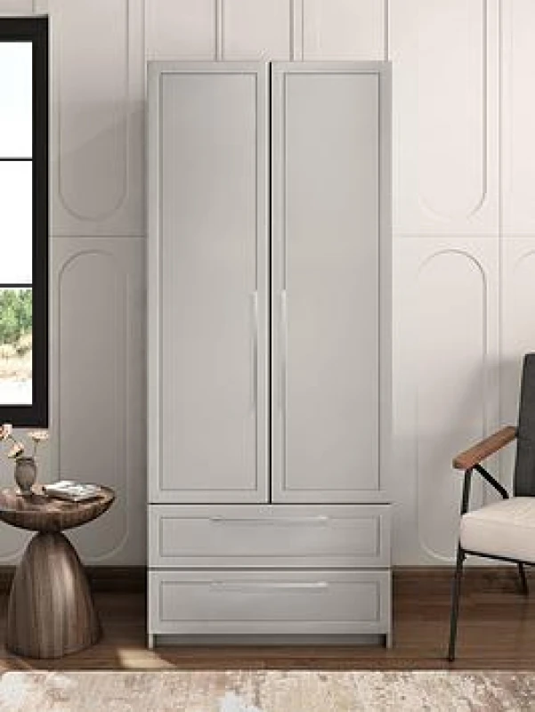 Image of One Call Furniture Biarritz 2 Door Combi Wardrobe Ready Assembled Gloss Gloss Fronts Light Grey ISLGCR2