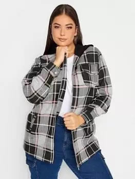 Image of Yours Yours Hooded Sweat Shacket Pink Check, Pink, Size 18, Women