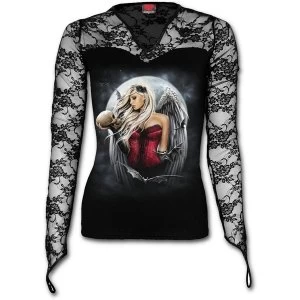 Image of Angel of Death Sorrow Womens Medium Lace Neck Long Sleeve Goth Top - Black