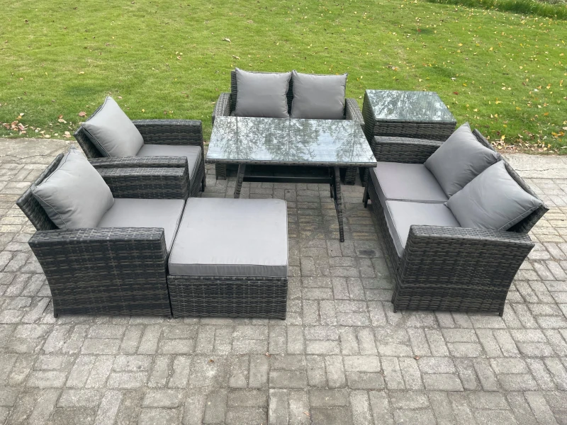Image of Fimous Rattan Garden Furniture Set 7 Seater Patio Outdoor Lounge Sofa Set With Rectangular Dining Table For Balcony