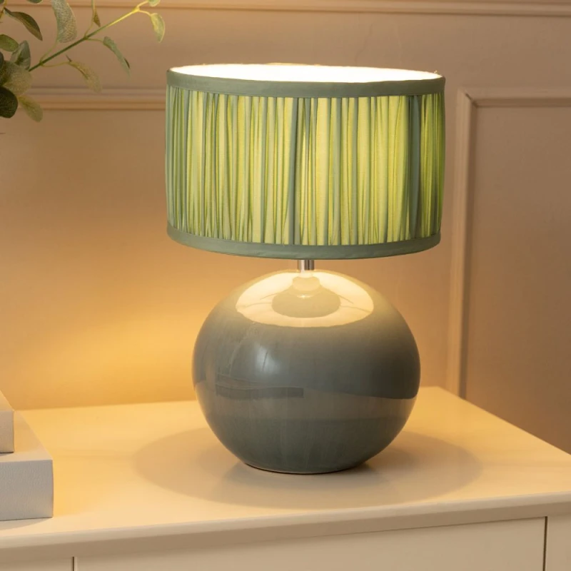 Image of ValueLights Bosco Eucalyptus Ceramic Table Lamp with Ruched Pleated Fabric Drum Lamp Shade Pale Green