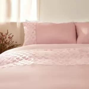 Image of Sienna Embossed Velvet Heart Blush Pink Single Duvet Cover With Pillowcase Bedding Set