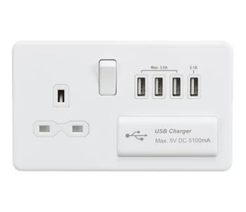 Image of KnightsBridge Screwless 13A switched socket with quad USB charger (5.1A) - matt white