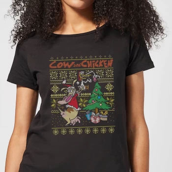 Image of Cow and Chicken Cow And Chicken Pattern Womens Christmas T-Shirt - Black - L