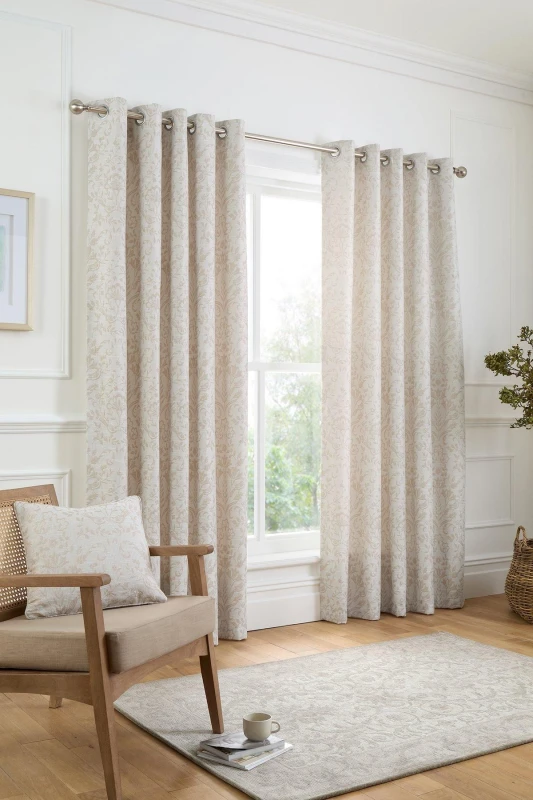 Image of Curtina 'Marple' Woven Jacquard Thermal Pair of Eyelet Curtains in Natural Size: 168cm width x 229cm drop Natural Unisex 168cm width x 229cm dro