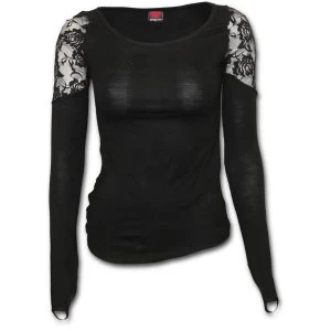 Image of Gothic Elegance Shoulder Lace Womens Small Long Sleeve Top - Black