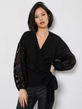 Image of Mint Velvet Animal Burn Out Wrap Top - Black