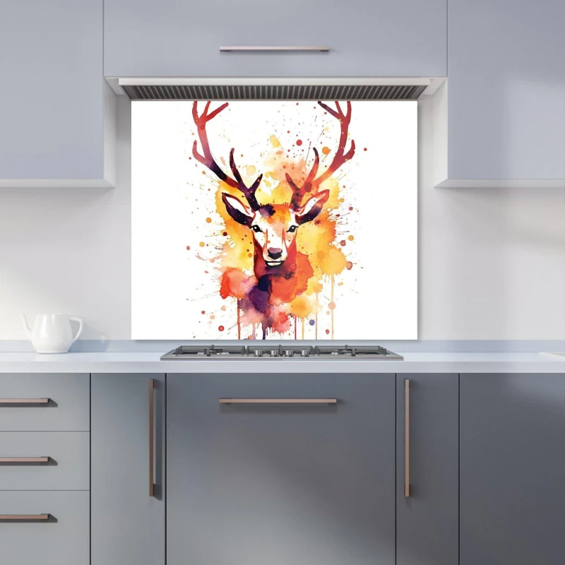 Image of Warren Reed - Designer Watercolour Stag Face Kitchen Splashback in Orange Size: 700mm x 750mm Orange Unisex 700mm x 750mm