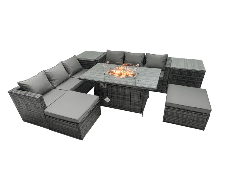 Image of Fimous Rattan Garden Furniture Firepit Dining Set 6 Seater Lounge Sofa Table Set with 2 Side Tables 2 Footstool Dark Grey