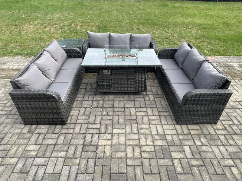 Image of Fimous Rattan Furniture Garden Dining Set Gas Fire Pit Table With Side Table 3 Seater Sofa Dark Grey Mixed Dark Grey