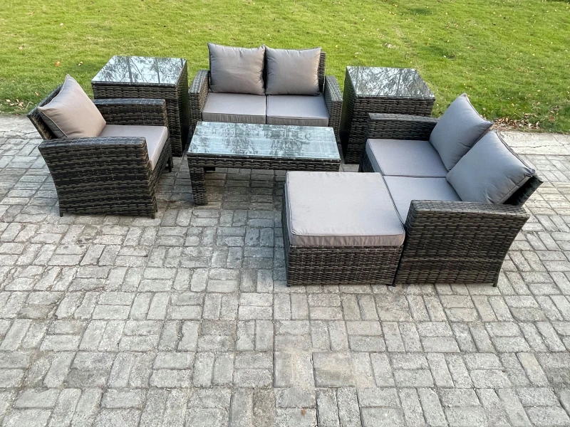 Image of Fimous 7pcs Rattan Outdoor Garden Furniture Sofa Set with Coffee Table 2 Side Tables Big Footstool Dark Grey Mixed Dark Grey Unisex