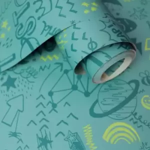 Image of Holden Decor Doodle Teal/Neon Yellow Wallpaper
