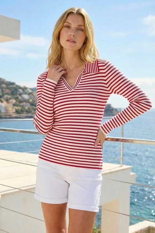 Image of Roman Womens Stripe Collar Knit Top in Red Size: 18 Red Female 18