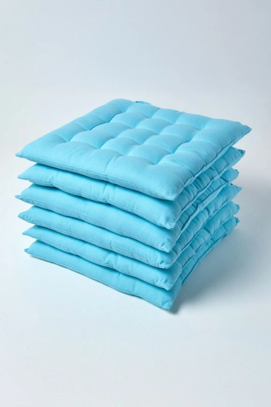 Image of Homescapes Plain Seat Pad with Button Straps, 40 x 40cm, Set of 6 Light Blue