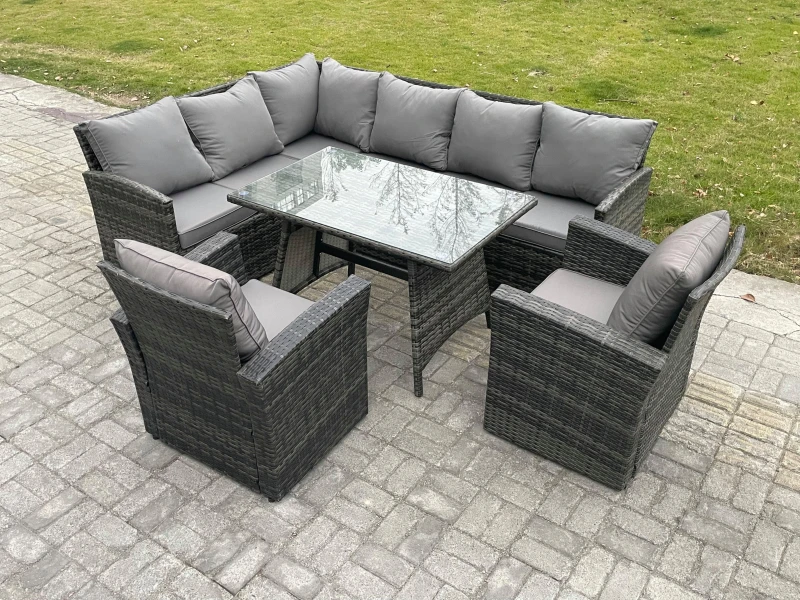 Image of Fimous Rattan Garden Furniture Corner Sofa Set with Oblong Dining Table 2 Armchairs 8 Seater Outdoor Rattan Set in Dark Grey Dark Grey Unisex