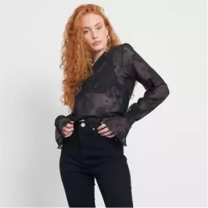 Image of I Saw It First Mesh Floral Applique Shirt - Black