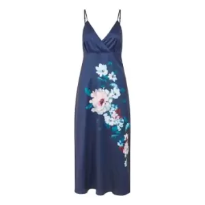 Image of Yumi Navy Satin Slip Dress With Floral Design - Blue