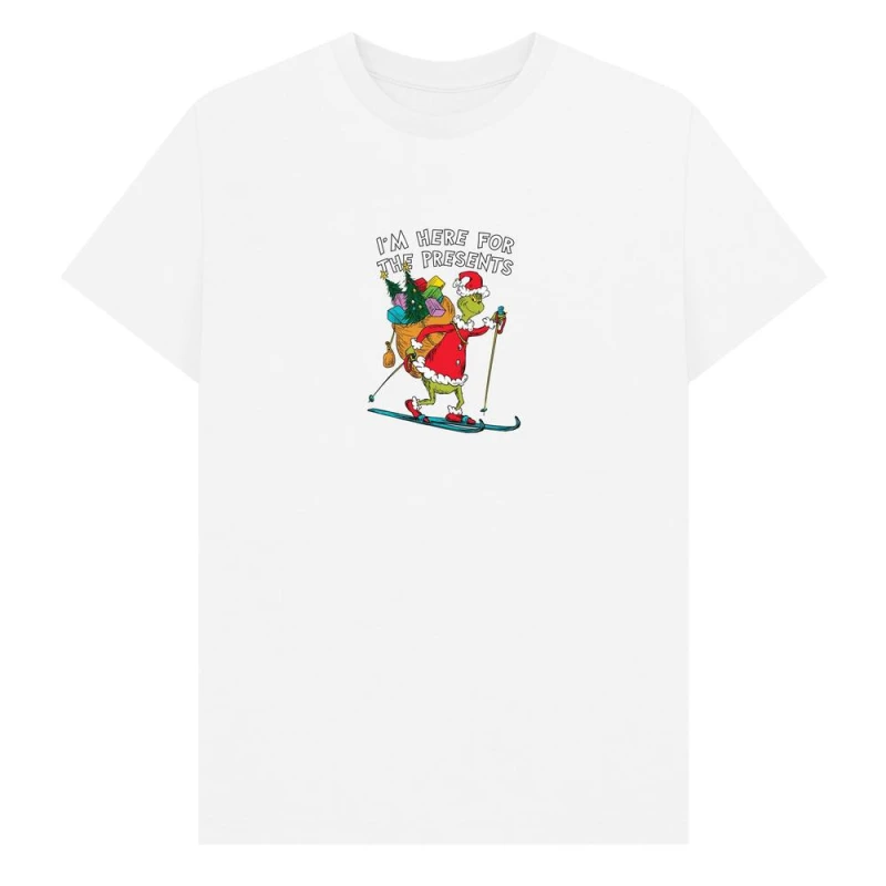 Image of The Grinch Mens I'm Here For The Presents T-Shirt in White Size: Small White Male S