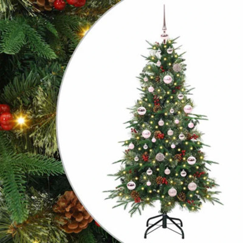 Image of vidaXL Artificial Hinged Christmas Tree with Pink Balls Green 150cm PE and PVC, Green 3397408
