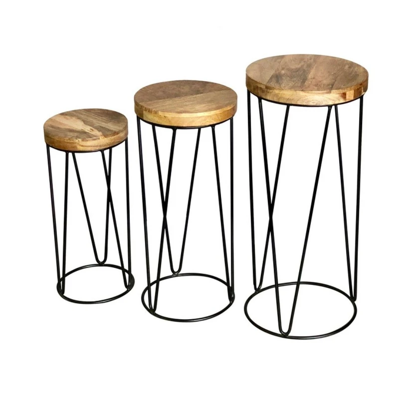 Image of Jaipur Furniture Ltd Ravi Iron Base Solid Wood Top Round Stool (Set of 3) - L30 x W30 x H69cm - Mango Light Finish in Brown Brown Unisex