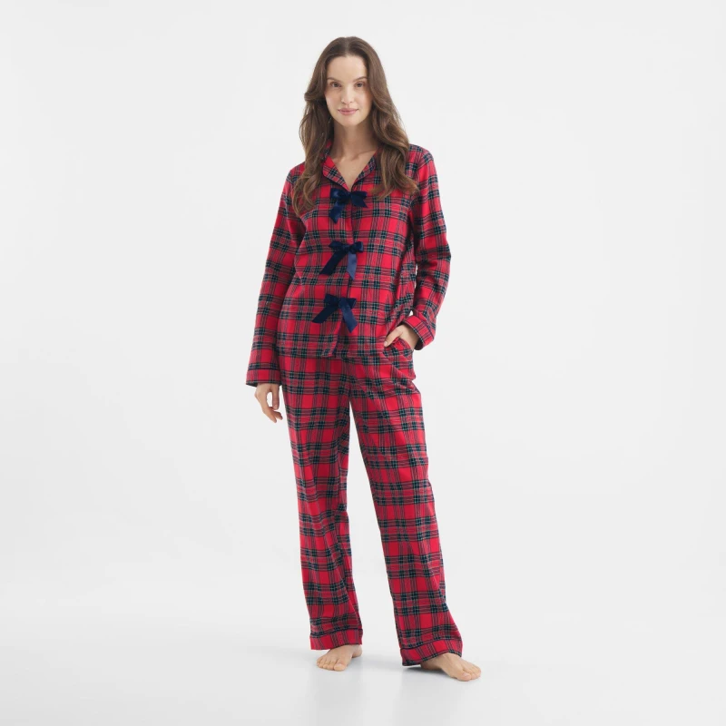 Image of Chelsea Peers Womens Bow Tie Long Sleeve Pyjama Set Red Check female 8 (XS)