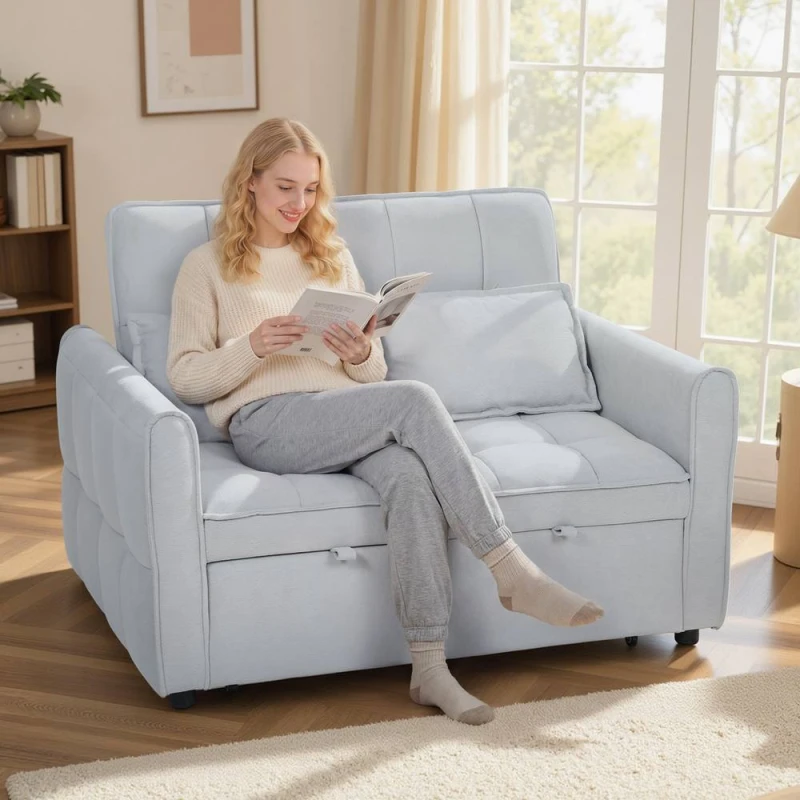 Image of HOMCOM 2 Seater Sofa Bed, 3-in-1 Sleeper Sofa with Adjustable Backrest in Light Grey Light Grey Unisex