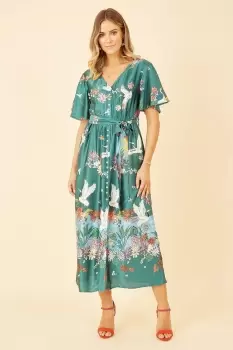 Image of Green Satin Crane Print Border Shirt Dress