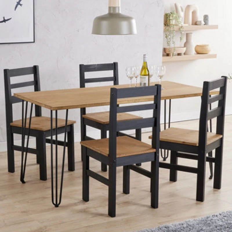 Image of Core Products Augusta Antique Waxed Pine 150Cm Wide Dining Table With 4 Black Pine Chairs