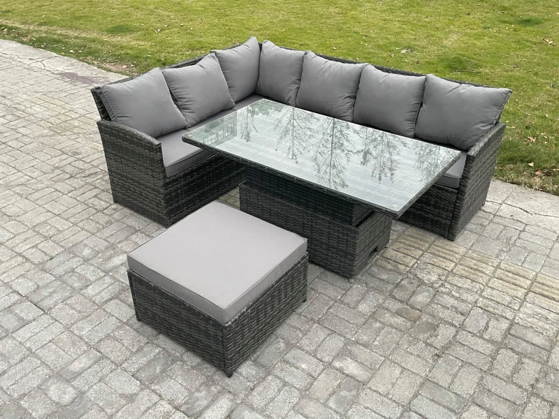 Image of Fimous 7 Seater Rattan Garden Furniture Sets High Back Corner Sofa Height Adjustable Rising Lifting Table Set with Big Footstool Dark Grey Mixed Dark