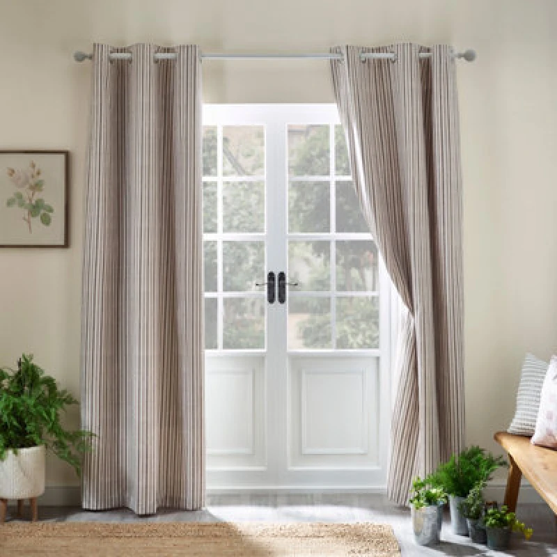 Image of Catherine Lansfield Logan Stripe 46X54" Lined Eyelet Curtains Two Panels Natural