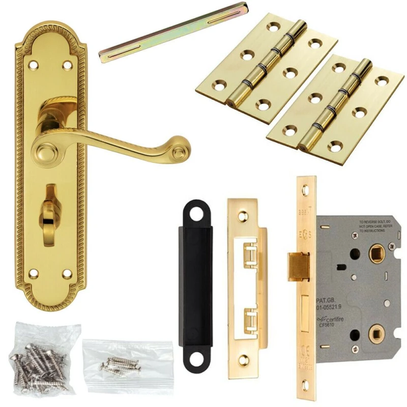 Image of Loops Door Handle & Bathroom Lock Pack Brass Scroll Lever Thumb Reeded Backplate Metallics