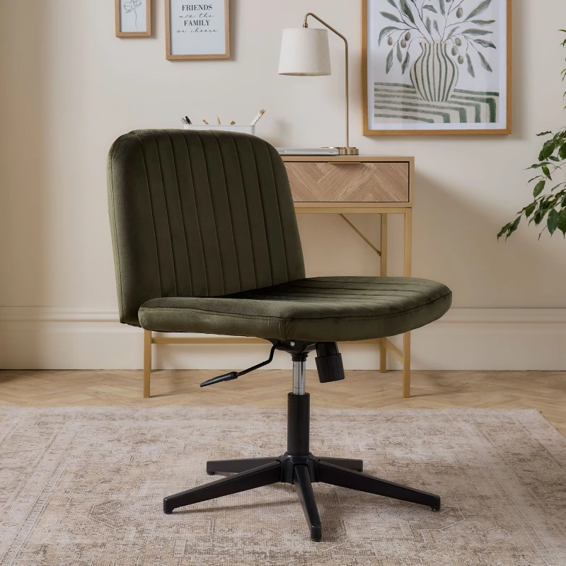 Image of Vonhaus Green Desk Chair For Home Office & Bedroom, Velvet Fabric With Wide Seat & Gas Lift, Tilting Armless Swivel Seat, Dawson