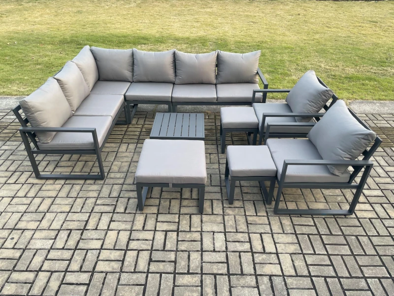 Image of Fimous 11 Seater Outdoor Lounge Corner Sofa Set Aluminum Garden Furniture Sets with Square Coffee Table 2 Chairs 3 Footstools Dark Grey Dark Grey Unis