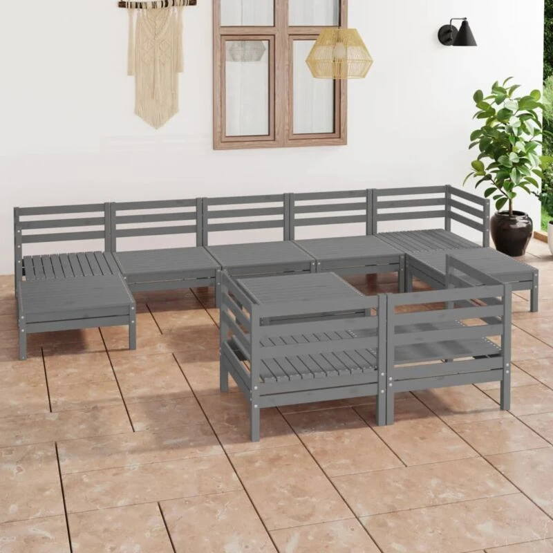 Image of VIDAXL 10 Piece Garden Lounge Set Grey Solid Wood Pine Vidaxl 8720286691366