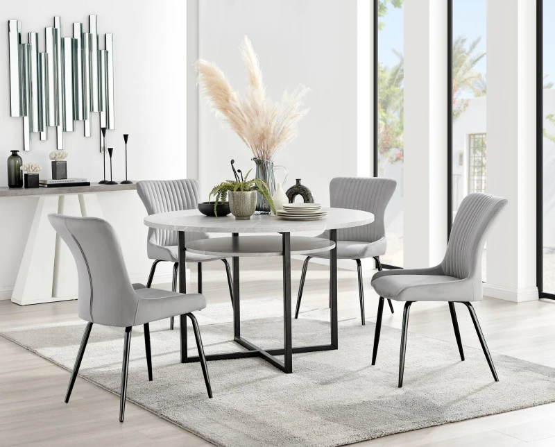 Image of FurnitureboxUK FurnitureboxUK Adley Grey Concrete Effect Round Dining Table & 4 Nora Black Leg Velvet Chairs in Light Grey Light Grey One Size Unisex