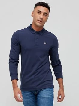 Image of Tommy Jeans Logo Long Sleeve Polo Shirt - Twilight Navy, Twilight Navy Size M Men