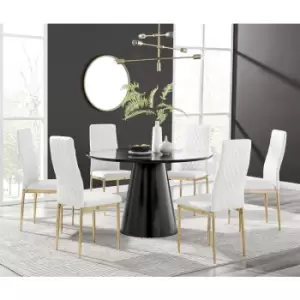 Image of Furniturebox Palma Black Semi Gloss 120cm Round Minimalist Dining Table & 6 White Milan Gold Leg Chairs