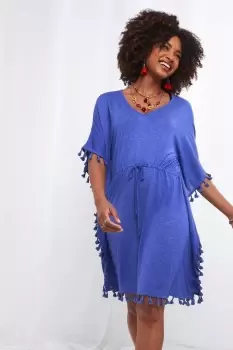 Image of Boho Tassel Trim Long Sleeve Jersey Beach Cover Up