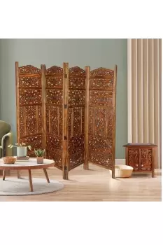 Image of 4 Panel Carved Wooden Room Divider Screen Leaves Design 180 x 200 cm