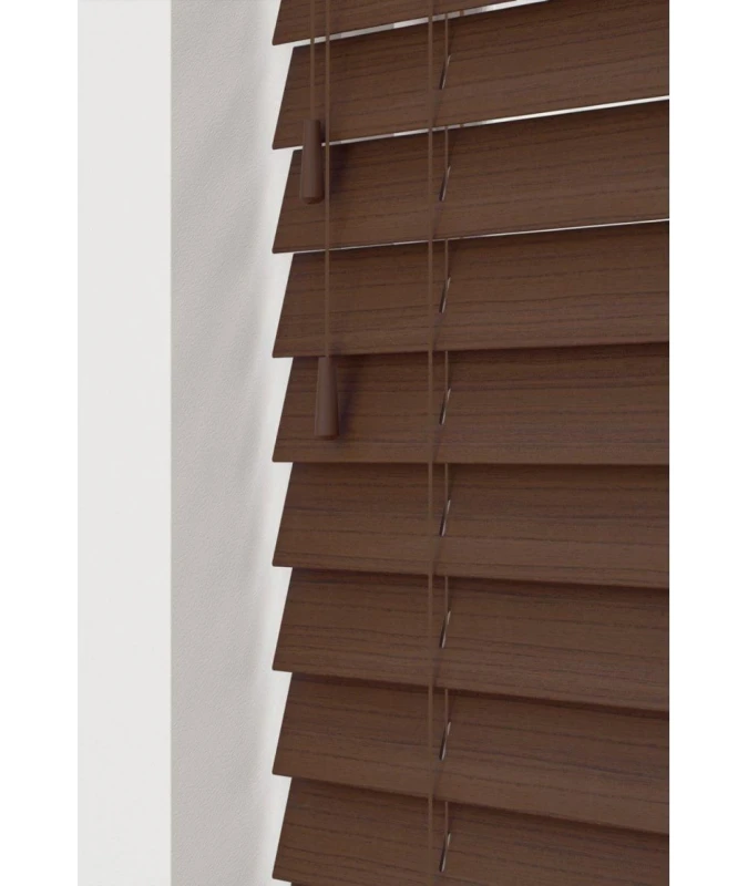 Image of New Edge Blinds Chocolate 50mm Fine Grain Slatted Faux Wood Venetian Blinds with Strings 120cm Drop Size: 70cm width x 130cm drop Chocolate Unisex